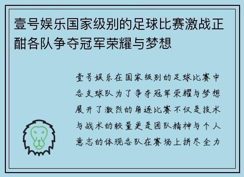 壹号娱乐国家级别的足球比赛激战正酣各队争夺冠军荣耀与梦想
