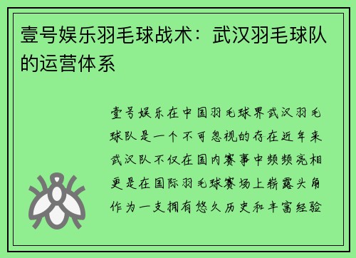壹号娱乐羽毛球战术：武汉羽毛球队的运营体系
