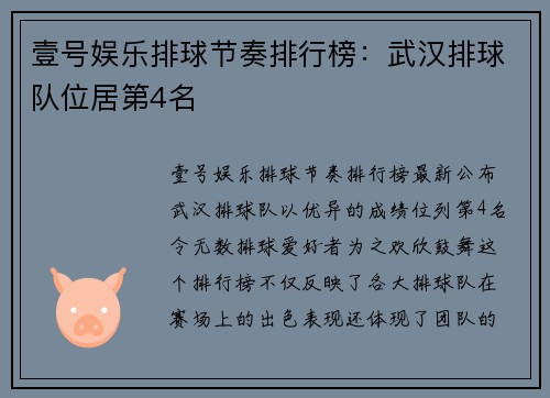 壹号娱乐排球节奏排行榜：武汉排球队位居第4名