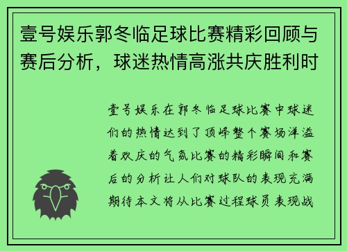 壹号娱乐郭冬临足球比赛精彩回顾与赛后分析，球迷热情高涨共庆胜利时刻