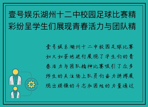 壹号娱乐湖州十二中校园足球比赛精彩纷呈学生们展现青春活力与团队精神