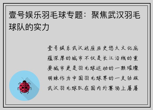 壹号娱乐羽毛球专题：聚焦武汉羽毛球队的实力